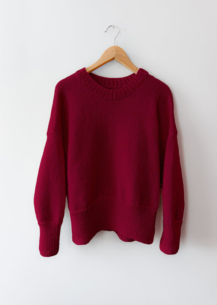 Red sweater on a wooden hanger against a white background