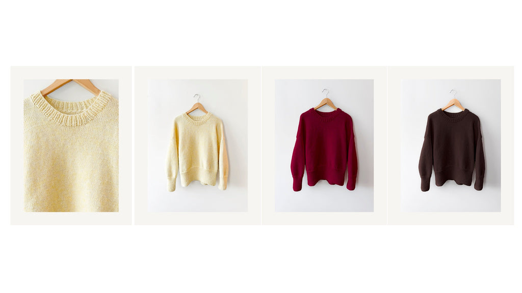 Four sweaters in pale yellow, red, and brown on hangers against a white background